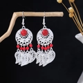 Detail of bohemian drop earrings with red resin stones and silver leaf pendants - Bright Red Large Main Bead Tassel Style (E1450-4/Red)