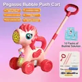 Pink Pegasus bubble lawn mower toy with LED lights, wings and full accessory kit - Pink Pony Bubble Walker [Rechargeable] + 10 Packs Solution