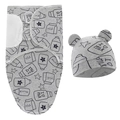 Detail showing grey newborn swaddle sack and matching hat with milk bottle and star print - Grey Milk Bottle Swaddle + Hat Set