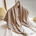 Elegant khaki silk square scarf with geometric floral patterns and Greek key border - Khaki