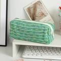 Green tweed pencil case with colorful striped texture and white zipper closure - Light Green