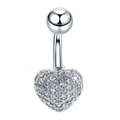 Silver-toned stainless steel belly ring featuring a heart pendant paved with zircon - Style-JE0400A