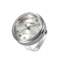 Elegante anillo reloj de cuarzo plateado con diamantes de colores y banda ajustable - Diamante de Color Redondo / Plateado