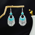 Bohemian silver earrings with blue turquoise stones and fringe tassels on wood stand - Blue Silver (E6109-22)