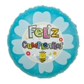 Blue 18-inch round foil balloon with white petals and Feliz Cumpleaños Spanish text - Round Spanish Bee Birthday (Blue)