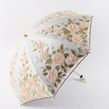 Detail of grey lace sun umbrella with 3D pink floral embroidery and golden leaf silk stitching - Two-fold / Apricot Yellow