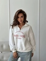 White half-zip sweatshirt with daily pasta and wine print worn with blue jeans - S / Thin Style / White