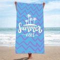 Blue double-sided fleece beach towel with purple waves and Summer Vibes coconut tree print - B22-Summer Vibes Light Blue Wave