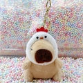 Cute Capybara plush keychain wearing white chick hat with golden lobster clasp for bag decoration - Chick Hat Light Brown + Gold Clip