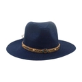 Chapeau fedora en paille bleu marine avec chaîne en métal doré et perles colorées - Bleu marine