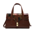 Vintage dark brown embossed leather handbag with floral relief and golden lock - Brown