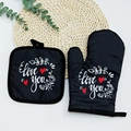 Love You heat resistant oven mitt and pot holder set in black with heart print - Valentine 3 (Black Love you)