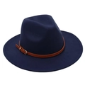 Detail of navy wool fedora hat featuring a brown leather band and gold metal buckle - M (56-58cm) / Navy Blue