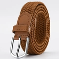 Brown braided elastic stretch belt with silver metal buckle and brown leather accents - Camel