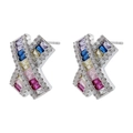 Detail of X-shaped silver earrings with multicolor step-cut gems and micro diamonds - 1 Pair / Platinum Multi Zirconia