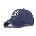 Washed navy blue cotton baseball cap featuring embroidered dog face and vintage worn texture - Adjustable / Navy Blue