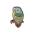 Colorful enamel owl brooch pin with green and yellow feathers on a white background - Colorful Owl (CC2250)
