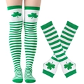 Green and white striped Saint Patrick's Day thigh high socks and matching arm warmers - Gloves And Socks / Striped Shamrock Style (5#)