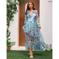 Floral V-neck long sleeve one-piece swimsuit with layered ruffles and elegant holiday style - M / Blue Floral Set