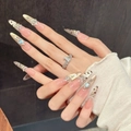 Faux ongles léopard rose avec perles de luxe, strass et paillettes dorées au fini artisanal - Grand (L) / Stiletto Fin Léopard (1030)