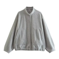 Detailed macro shot of light gray textured wool jacket collar and snap button closure - S / Light Gray