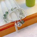 Double-layered green phantom quartz beaded bracelet with a silver lucky bag charm - Two-Layer Silver Beads Green Ghost Lucky Bag Bracelet