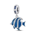 Luminous silver fish charm with blue enamel and cubic zirconia stones in S925 sterling silver - Luminous Blue Fish Charm