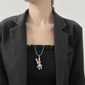 Punk style silver beaded necklace featuring a mechanical cyber bunny pendant on a model - Alloy Mechanical Space Rabbit Iridescent Necklace (10934)