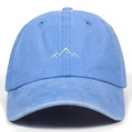 Light blue washed cotton baseball cap with green mountain embroidery on white background - Adjustable Free Size / Light Blue