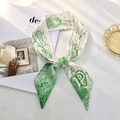 Elegant green and white silk Twilly scarf featuring floral patterns and letter P design - Style P (White/Green Heart Floral)