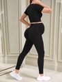 Naadloze zwarte zwangerschaps-yogaset met hoge taille buiksteun en korte mouwen sportoutfit - S / Zwart