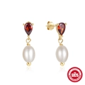 Elegant S925 sterling silver earrings with ruby drop stone and white pearl accents - Style #8 / Gold
