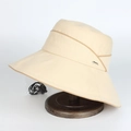 Women wide brim sun hat in cream with brown trim and adjustable windproof strap - Adjustable / Beige