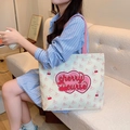 Cream canvas tote bag with pink cherry print and woven handles for daily use - Pink Cherry