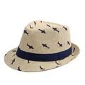 Straw fedora hat for kids with shark patterns and dark blue decorative ribbon - Kids (52-54cm) / Light Khaki