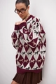 Detail of diamond horse jacquard pattern on vintage oversize knit sweater with ribbed cuffs - S / Burgundy