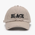 Khaki washed cotton baseball cap with black BLACK embroidery and distressed brim - Adjustable / Khaki