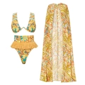 Three-piece ethnic print bikini set with fringe bottoms and matching long cover-up - S / Three-Piece Set