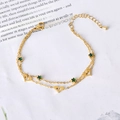 Gold double-layer bracelet with hollow heart pendant and green zircon star charm - Green Zirconia