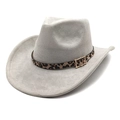 Detailed close-up of light grey suede cowboy hat with leopard print belt and metal buckle - Light Gray / M (56-58cm)