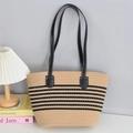 Minimalist straw tote bag with black horizontal stripes and dual leather handles - Striped/No Zipper / Black Strap/Brown & Black Patchwork