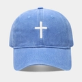 Verwaschene blaue Baumwoll-Baseballkappe mit weißem Kreuz-Stickerei auf grauem Grund - Verstellbar / Hellblau