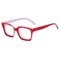 Retro vierkante bril met rood montuur, paarse transparante pootjes en gouden klinknagels - Plano / Rood Frame