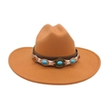 Sombrero de jazz de lana caqui con banda étnica de turquesa para mujer elegante - Camel