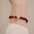 Exquisite red beaded bracelet with gold Fu pendant for women in minimalist style - 6mm Cinnabar Hetian Jade "fu" Pendant #sz507