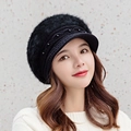Women's black rabbit fur knit visor hat with elegant pearl accents for winter warmth - One Size / Small Eye Eyelid Black
