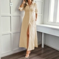 Robe longue beige pour femme à manches longues, col chemise, boutons et fente latérale - S / Kaki
