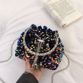 Sparkly black bucket bag with colorful sequins and silver ring handle for parties - Black