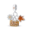 Silver 925 charm with sunflower, autumn leaf, and 'Good Weather' bag pendant - PAC1351-Good Weather Bag & Sunflower Dangle