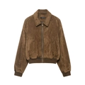 Coffee brown faux suede zip-up jacket with classic collar and ribbed cuffs for women - XS / Camel